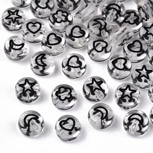 Surtido de 50 cuentas redondas mixtas estrellas y corazones 7mm - Transparente - Negro