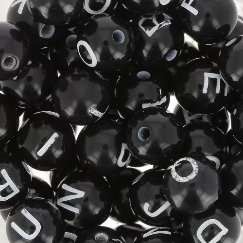 Surtido de 200 cuentas redondas de letras del alfabeto de 8 mm - Negro - Blanco