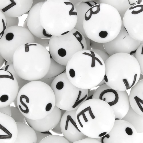Surtido de 200 cuentas redondas de letras del alfabeto de 8 mm - Blanco - Negro