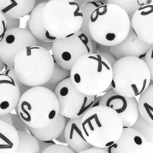 Surtido de 200 cuentas redondas de letras del alfabeto de 8 mm - Blanco - Negro