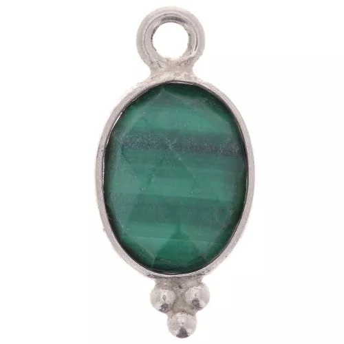 Dije ovalado facetado con bolas pequeñas 14x7 mm - Plata 925 - Malachite x1