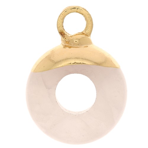 Breloque ronde forme donut 10 mm pierre gemme imitation Quartz rose - Doré x1