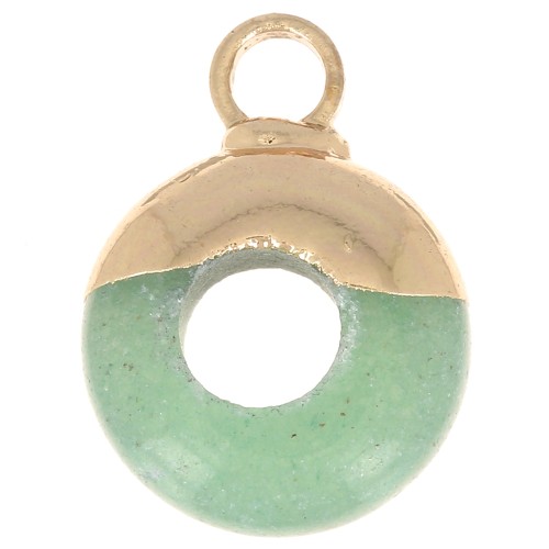 Breloque ronde forme donut 10 mm pierre gemme imitation Aventurine - Doré x1