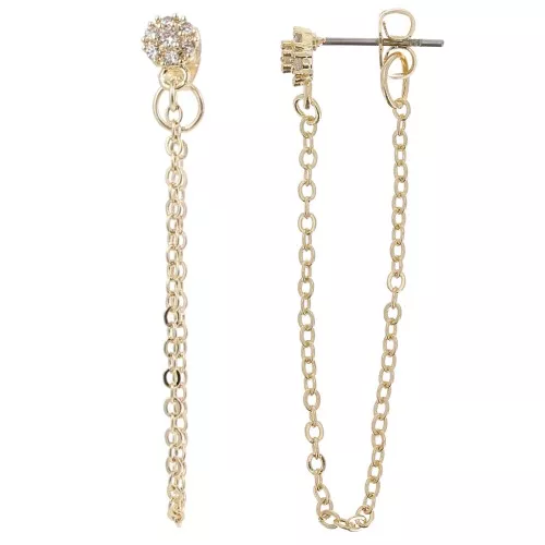 Pendientes redondos con óxido de zirconio 7x5 mm y cadena - Oro - Cristal x2