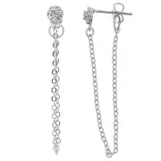 Pendientes redondos con óxido de zirconio de 7x5 mm y cadena - Rodio - Cristal x2