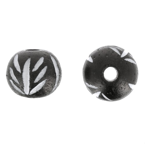 Cuentas de hueso redondas grabadas con motivo de hojas 12 mm - Marrón oscuro x10