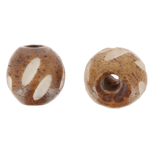 Cuentas redondas de hueso grabado 11 mm - Marrón claro - Blanco x10