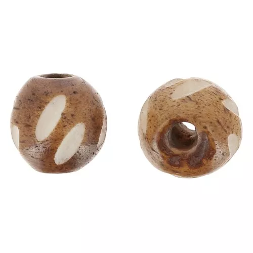 Cuentas redondas de hueso grabado 11 mm - Marrón claro - Blanco x10