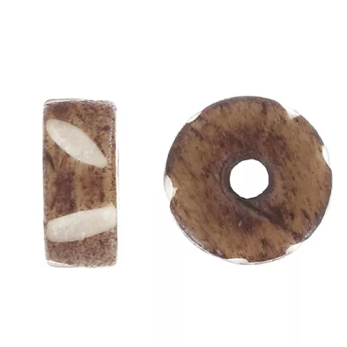 Rondeles de hueso grabado Heishi 11x5 mm - Marrón claro - Blanco x10