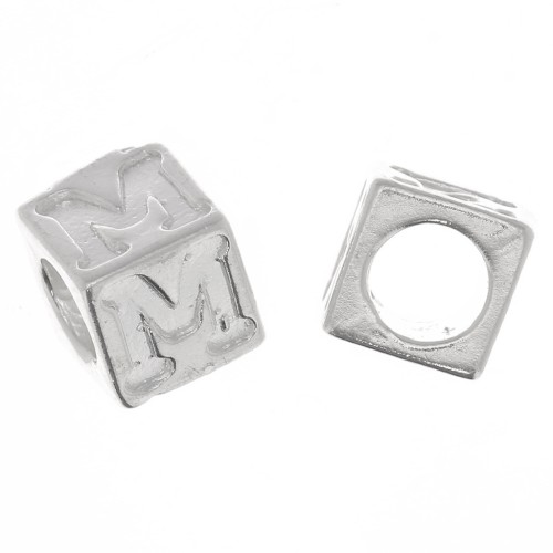 Cuenta letra alfabético cubo 5 mm con agujero grande - M - Plata 925 x1