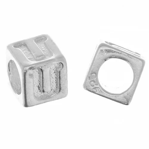 Cuenta letra alfabético cubo 5 mm con agujero grande - U - Plata 925 x1