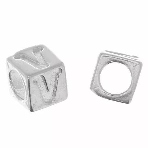 Cuenta letra alfabético cubo 5 mm con agujero grande - V - Plata 925 x1