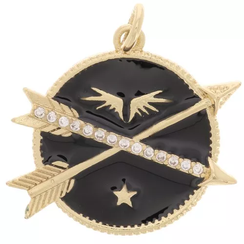 Colgante redondo y flechas con óxido de zirconio y resina epoxi 23 mm - Oro - Negro x1