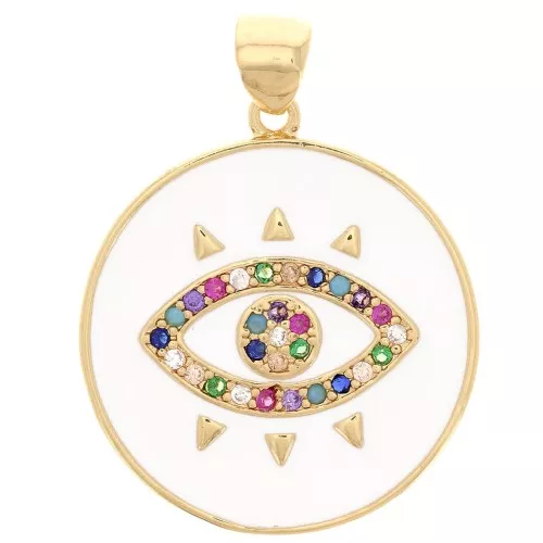 Colgante redondo con óxido de zirconio y resina epoxi 21 mm - motivo ojo - Oro - Blanco x1