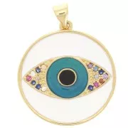 Colgante redondo con óxido de zirconio y resina epoxi 23 mm - motivo ojo - Oro - Azul x1
