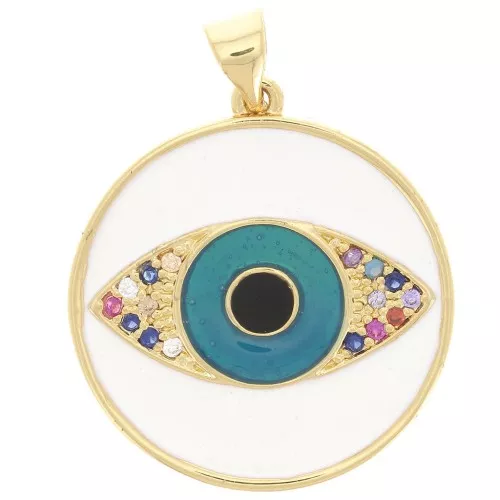 Colgante redondo con óxido de zirconio y resina epoxi 23 mm - motivo ojo - Oro - Azul x1