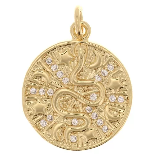 Colgante redondo - motivo serpiente - estrellas y lunas con óxido de zirconio 21x18 mm - Oro x1