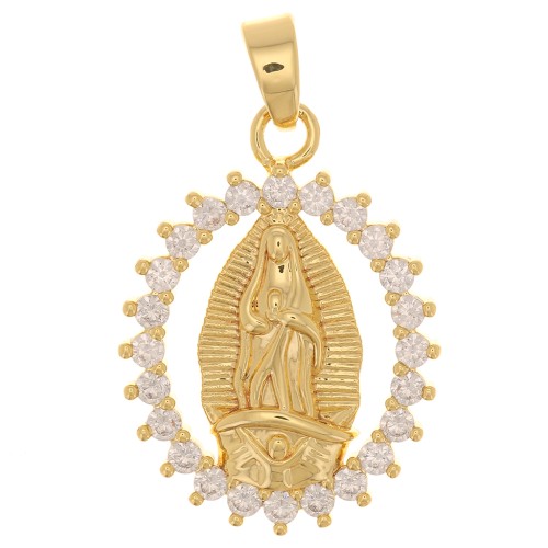 Colgante ovalado - Virgen en relieve con óxido de zirconio 22x16 mm - Oro - Cristal x1