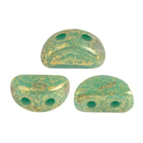 Cuentas de vidrio Kos® por Puca® 6x3 mm Opaque Green Turquoise Gold Spotted x10g
