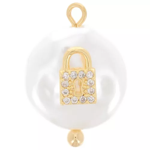 Colgante de candado de perla de agua dulce y óxido de zirconio redonda 20x14 mm - Blanco - Oro x1