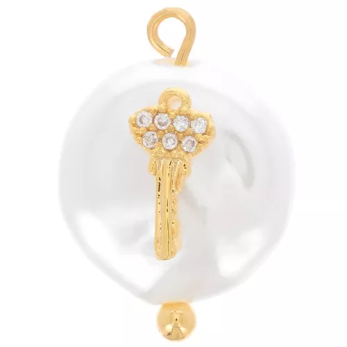 Colgante llave de perla redonda de agua dulce y óxido de zirconio 20x14 mm - Blanco - Oro x1