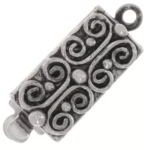 Cierre rectangular con pinzas trabajadas y bolitas 18x6,5mm - Plata antigua