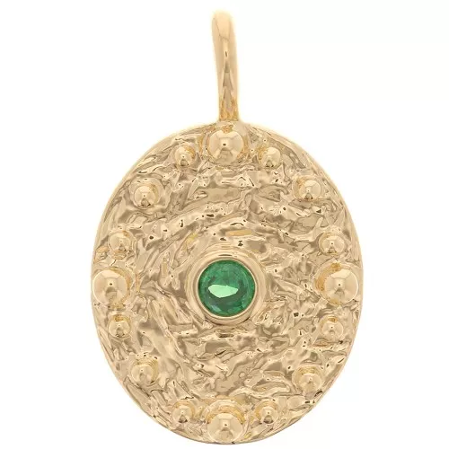 Colgante ovalado martillado con óxido de zirconio 21x13 mm - Chapado en oro fino - Esmeralda x1