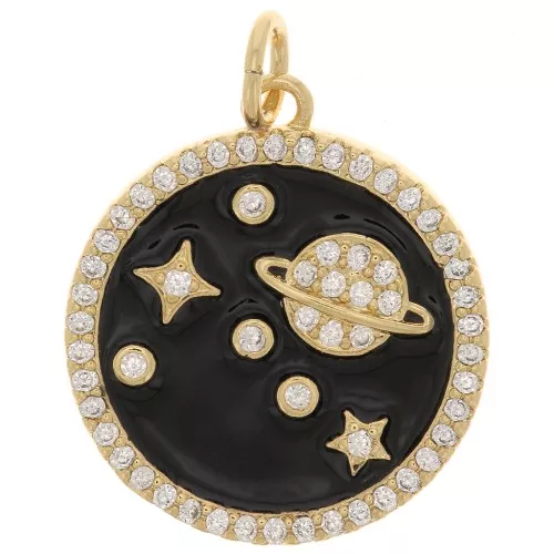 Colgante redondo con óxido de zirconio y resina epoxi 18 mm - Planeta - Oro - Negro x1