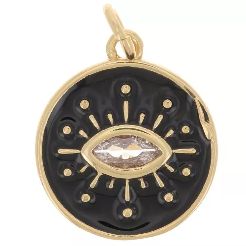 Colgante ojo redondo con óxido de zirconio y resina epoxi 15 mm - Oro - Negro x1