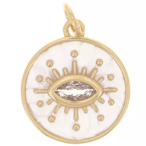 Colgante ojo redondo con óxido de zirconio y resina epoxi 15mm - Oro - Perla blanca x1