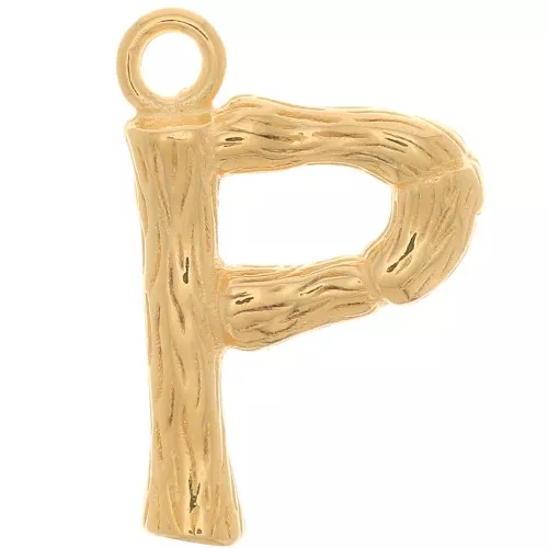 Colgante letra del alfabeto efecto bambú 16x10 mm - P - Chapado en oro x1