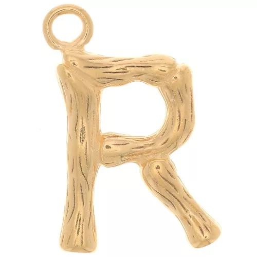 Colgante letra del alfabeto efecto bambú 16x10 mm - R - Chapado en oro x1