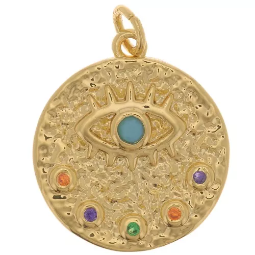 Colgante redondo martillado - motivo ojo con óxido de zirconio 15 mm - Oro - Multicolor x1