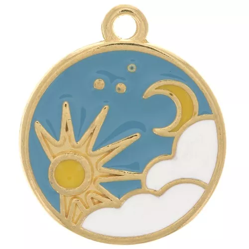 Colgante redondo con motivo de sol y luna de resina epoxi 18 mm - Chapado en oro x1