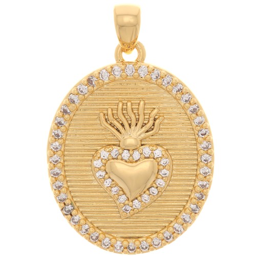 Colgante ovalado con óxido de zirconio 23x18 mm - Ex-voto motivo corazón - Oro - Cristal x1