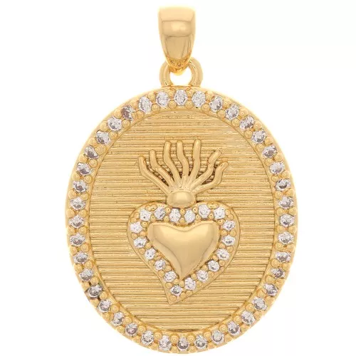 Colgante ovalado con óxido de zirconio 23x18 mm - Ex-voto motivo corazón - Oro - Cristal x1