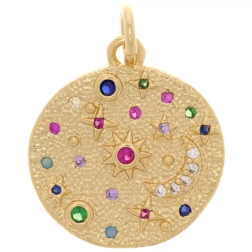 Colgante redondo con óxido de zirconio 16 mm - motivo luna y estrella - Oro - Multicolor x1