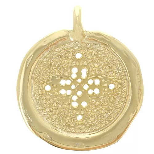 Colgante medalla irregular 30 mm - motivo cruz - Dorado con oro fino x1
