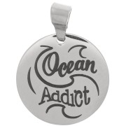 Pendentif médaille ronde 15 mm - Ocean Addict & vagues - Acier inoxydable 304