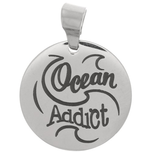 Pendentif médaille ronde 15 mm - Ocean Addict & vagues - Acier inoxydable 304