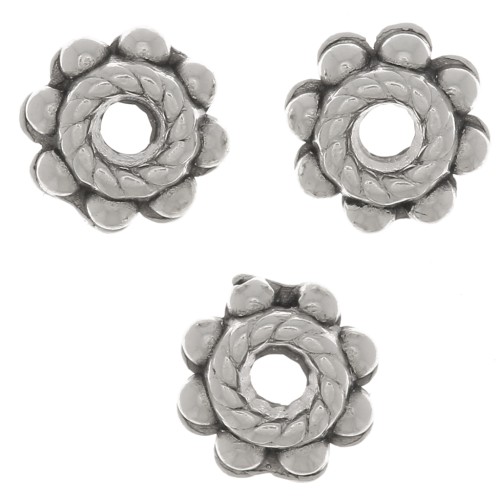 Rondeles trabajados - Forma de flor 6 mm - Chapado en plata antigua x6