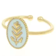 Anillo ovalado ajustable con motivo de hoja de resina epoxi - Chapado en oro - Azul cielo