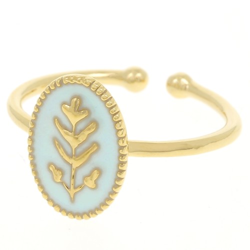 Anillo ovalado ajustable con motivo de hoja de resina epoxi - Chapado en oro - Azul cielo