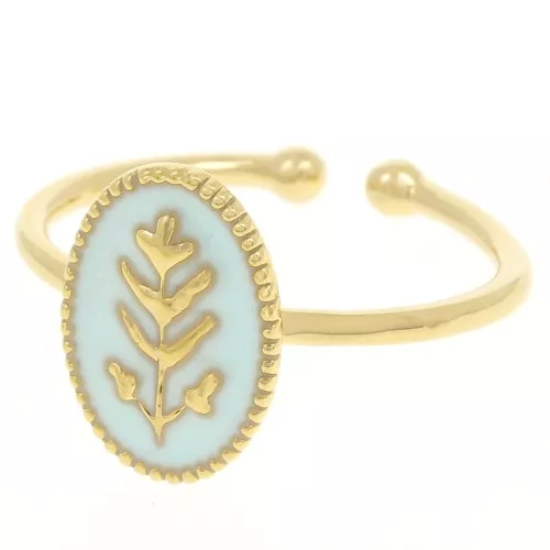 Anillo ovalado ajustable con motivo de hoja de resina epoxi - Chapado en oro - Azul cielo