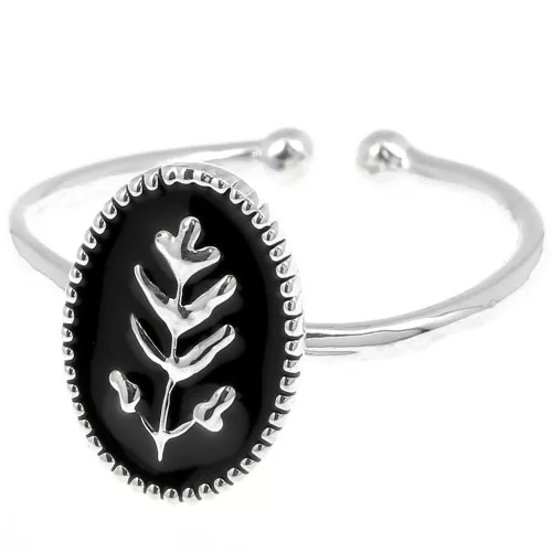 Anillo ovalado ajustable con motivo de hojas de resina epoxi - Chapado en plata fina - Negro
