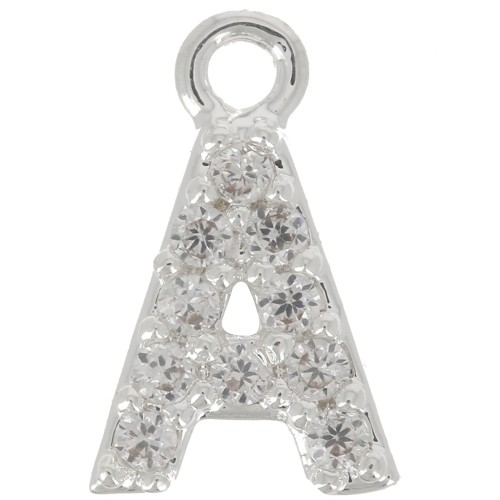 Charm letra del alfabeto 8 mm con óxido de zirconio - A - Chapado Plateado fino - Crystal x1