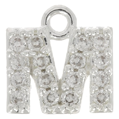 Charm letra del alfabeto 7 mm con óxido de zirconio - M - Chapado Plateado fino - Crystal x1