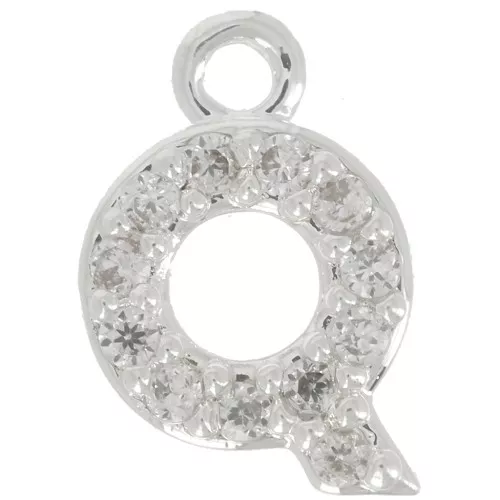Charm letra del alfabeto 8 mm con óxido de zirconio - Q - Chapado Plateado fino - Crystal x1