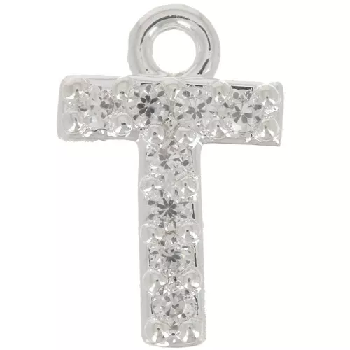 Charm letra del alfabeto 8 mm con óxido de zirconio - T - Chapado Plateado fino - Crystal x1