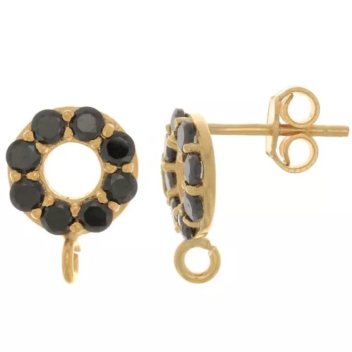 Pendientes círculo 9mm óxido zirconio Plata de ley 925 Dorado con oro fino Noir x2